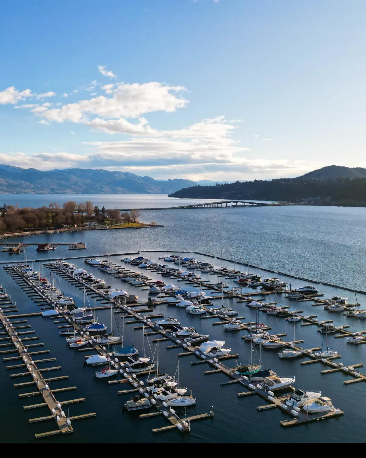 Okanagan Lake and the William R. Bennett Bridge in Kelowna, British Columbia